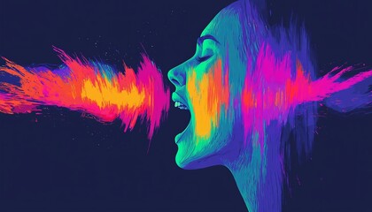 Poster - A vibrant, artistic representation of a woman expressing emotion through colorful sound waves and energy.
