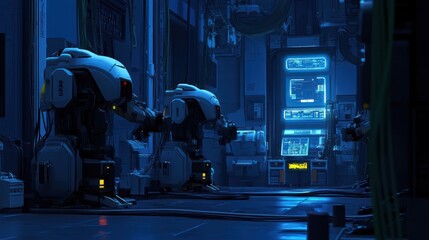 Poster - Futuristic Robots in a Dark Industrial Facility