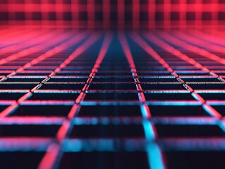 Poster - Abstract grid background with vibrant neon colors creating a modern technological feel and depth.