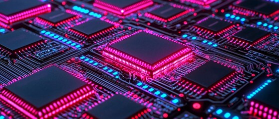 Poster - Close-up view of glowing circuit boards with vibrant pink and blue lights, showcasing advanced electronics and innovation.