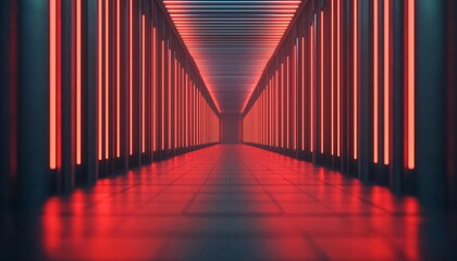 Poster - Futuristic hallway with vibrant red lights and sleek modern design, creating a striking visual effect.
