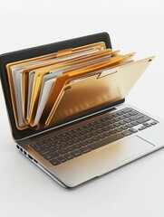 Poster - Close up of laptop computer with abstract document folder coming out of screen on white background. Computing, digital, transformation, directory and archive concept. 3D Rendering