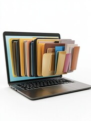 Poster - Close up of laptop computer with abstract document folder coming out of screen on white background. Computing, digital, transformation, directory and archive concept. 3D Rendering