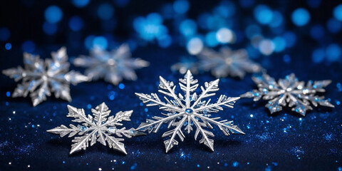 Wall Mural - magical white snowflakes over glitter blue dark background