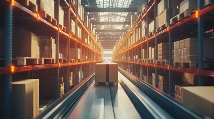 Poster - Cardboard Box Moving Along Conveyor Belt In Warehouse