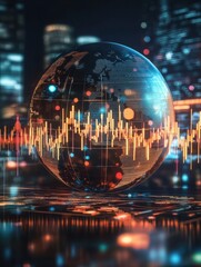 Poster - Glowing globe with candlestick forex chart on blurry blue background. Invest and stats concept. 3D Rendering.