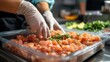 © ImagePulse - Food handler properly storing raw ingredients in a labeled and sealed container, safe handling, realistic focus