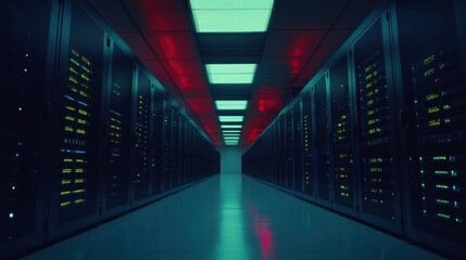 Poster - Illuminated Server Room Corridor With Network Servers