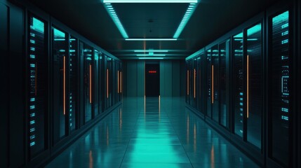 Poster - Illuminated Server Room Corridor Modern Data Center