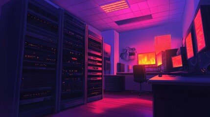Poster - Neon Lit Server Room With Multiple Computers