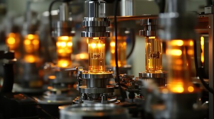 Poster - Illuminated Industrial Machinery Filling Glass Containers