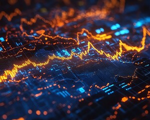 Poster - 3D stock market visualization with rising yellow and blue financial chart graphs, digital indicators, and glowing data on a dark techinspired background