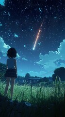 girl watching a shooting star in the night sky