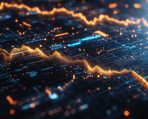 Poster - 3D stock market visualization with rising yellow and blue financial chart graphs, digital indicators, and glowing data on a dark techinspired background
