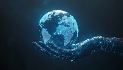 Poster - Digital blue robotic hand holding world map globe, future technology and AI concept, dark background with place for advertising banner or text, 3D design