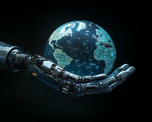 Poster - Artificial intelligence concept with blue robotic hand holding world map globe, dark background, placeholder for advertising banner or text, 3D technology mockup