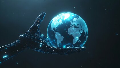 Poster - Digital blue robotic hand holding world map globe, future technology and AI concept, dark background with place for advertising banner or text, 3D design