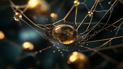 macro photo of dewdrops on spiderweb, showcasing intricate details and sparkling reflections. delicate web glistens with droplets, creating mesmerizing visual effect