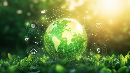 Poster - A glowing green globe representing the world, surrounded by a network of lines and dots. It includes various icons such as a home, a person, and a chart.