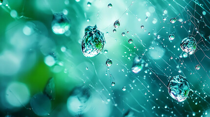 macro shot of dewdrops on spiderweb, showcasing intricate details and vibrant colors. image captures beauty of nature with dreamy, ethereal quality