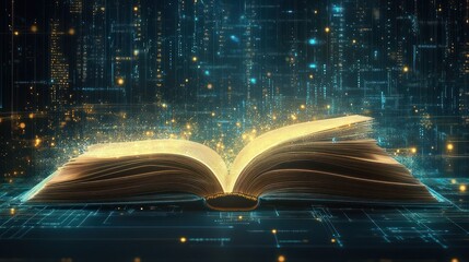 Poster - an open book with pages turning into digital data streams, representing the integration of technolog