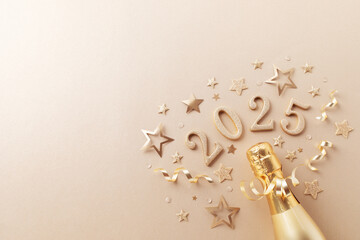 Wall Mural - Festive Christmas and New Year background with golden champagne bottle, confetti stars and 2025 numbers.