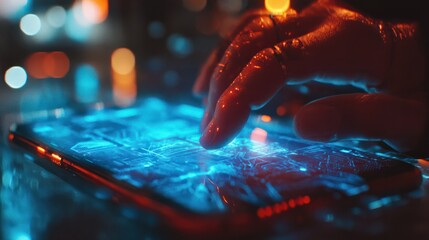 Poster - close up hand using futuristic digital smartphone with cybernetic data communication network
