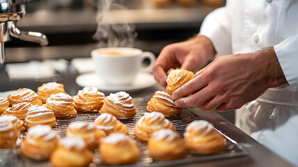 Wall Mural - A chef’s hands preparing a batch of freshly baked pastries, with a cup of coffee resting nearby on a kitchen counter 