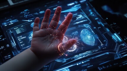 Poster - Hand touch digital hud interface futuristic technology background of virtual computer screen display ui future concept or cyber communication hologram and innovation internet system on vr cyberspace.