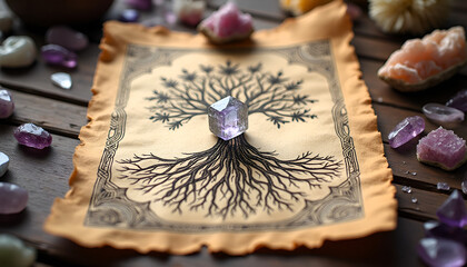 Wall Mural - Crystalline healing grid and Sacred Geometry featuring the Tree of Life on a textured paper backgroun