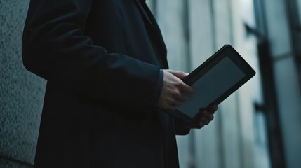 Poster - Minimalist businessman holding a digital tablet with graphs, [Business Analytics], [Digital Transformation], No logo, No Trademark, No text, minimal concept with copy space for stock photo