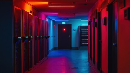 Aufkleber - Neon Lit Server Room Corridor With Data Storage Units