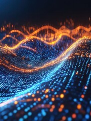 Poster - Abstract virtual digital stream. Flowing binary code and neon glowing wave. Storage cloud structure. Big data transfer concepts in internet. Graphic concept for your design.
