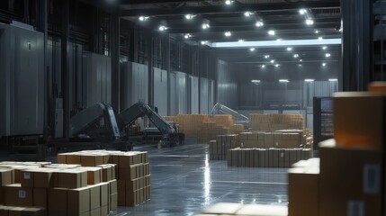 Poster - Automated Warehouse Robots Sorting Cardboard Boxes