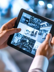 Poster - automation, security and technology concept - close up of male hands with video surveillance on tablet pc computer at smart home