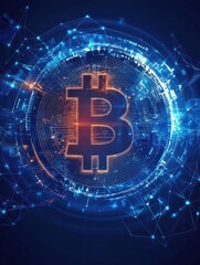Poster - Blockchain technology futuristic hud background with world globe and blockchain polygon peer to peer network. Global cryptocurrency blockchain business banner concept.