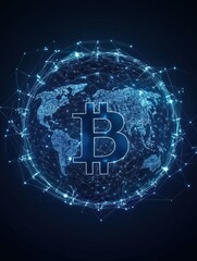 Poster - Blockchain technology futuristic hud background with world globe and blockchain polygon peer to peer network. Global cryptocurrency fintech business and finance banner concept. Low poly design.