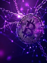 Poster - Blockchain technology futuristic hud ultraviolet background with world globe and blockchain polygon peer to peer network. Global cryptocurrency block chain violet business banner concept - copy space