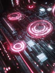 Poster - Creative circuit texture with glowing circles and lines. Chip and engineering concept. 3D Rendering.