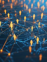 Poster - Creative glowing connected people icons on blue background with map. Population count and digital transformation concept. 3D Rendering