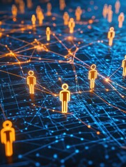 Poster - Creative glowing connected people icons on blue background with map. Population count and digital transformation concept. 3D Rendering