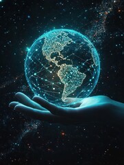 Poster - Digital hand with globe on dark background. Global business concept. 3D Rendering.