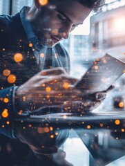 Poster - Double exposure of businessman shows modern technology as concept.