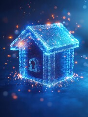 Poster - Glowing blue digital bank icon on blue backdrop with mock up place. Online banking and transaction concept. 3D Rendering