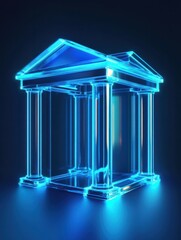 Poster - glowing blue digital bank icon on blue background. online banking and transaction concept. 3d render