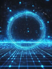 Poster - Glowing round digital blue interface on dark grid background with mock up place. HUD, innovation, digital transformation and data concept. 3D Rendernig