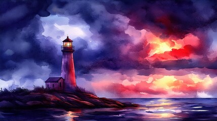 Wall Mural - Dramatic Lighthouse Against a Stormy Sky with Vibrant Sunset and Reflective Ocean Waves Captured in a Colorful Watercolor Style
