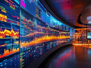 Fototapete - Curved wall of vibrant data screens displaying stock market information in a modern setting.