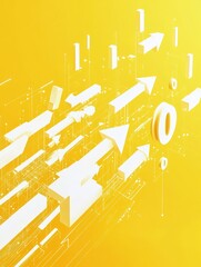 Poster - Start up and idea concept with white growing arrows, plus signs, pixel symbols and lines on abstract yellow background. 3D rendering