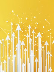 Poster - Start up and idea concept with white growing arrows, plus signs, pixel symbols and lines on abstract yellow background. 3D rendering